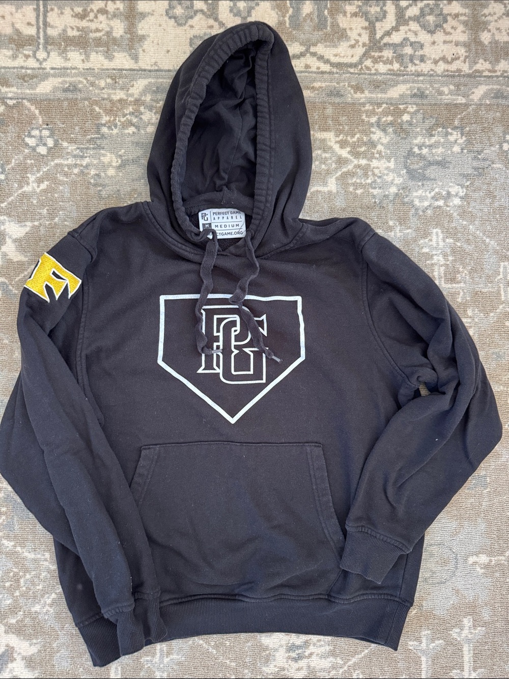 Black Pullover Hoodie with White Logo and Yellow Sleeve Accent - Unbranded